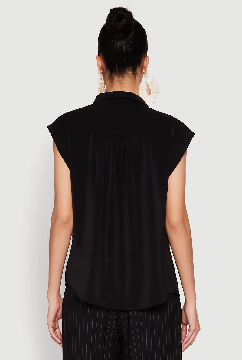 Womens Ruched Cap Sleeve Blouse, Black, Size M