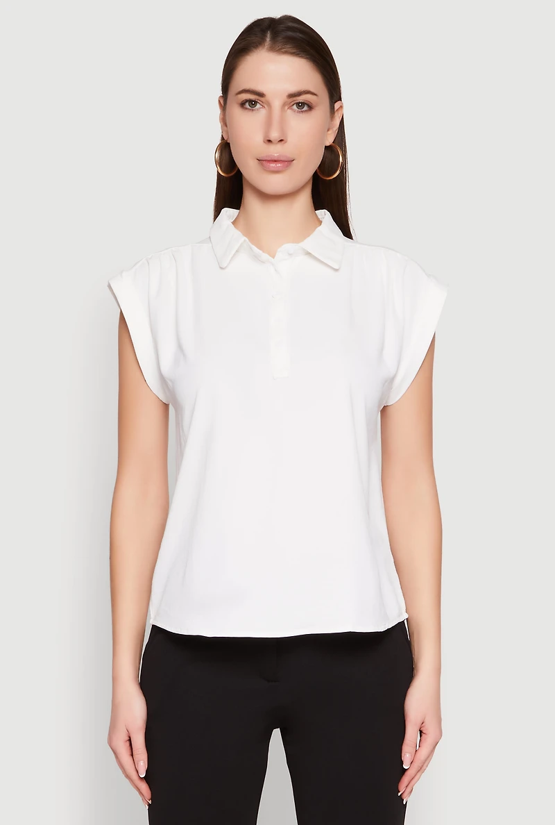 Womens Ruched Cap Sleeve Blouse, White, Size S