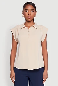 Womens Ruched Cap Sleeve Blouse, Beige, Size L