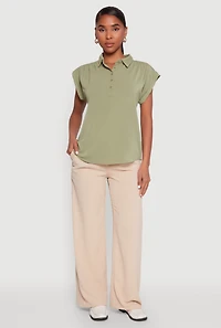 Womens Ruched Cap Sleeve Blouse, Green, Size S