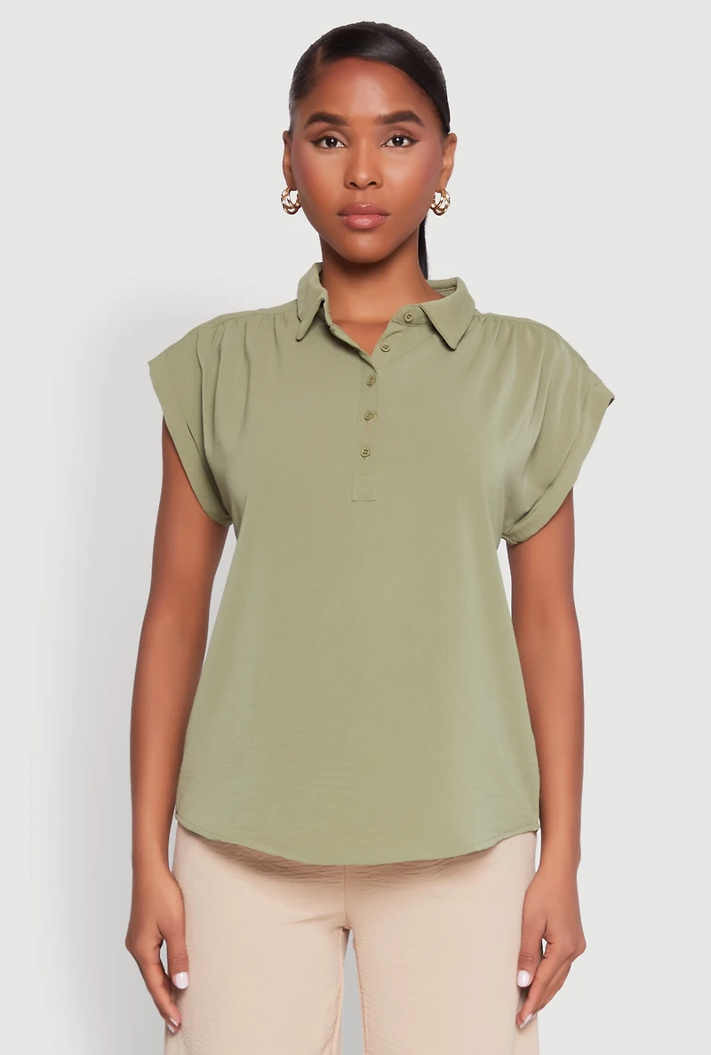 Womens Ruched Cap Sleeve Blouse, Green, Size S