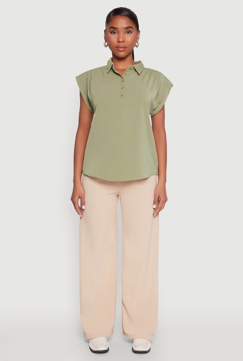 Womens Ruched Cap Sleeve Blouse, Green, Size S