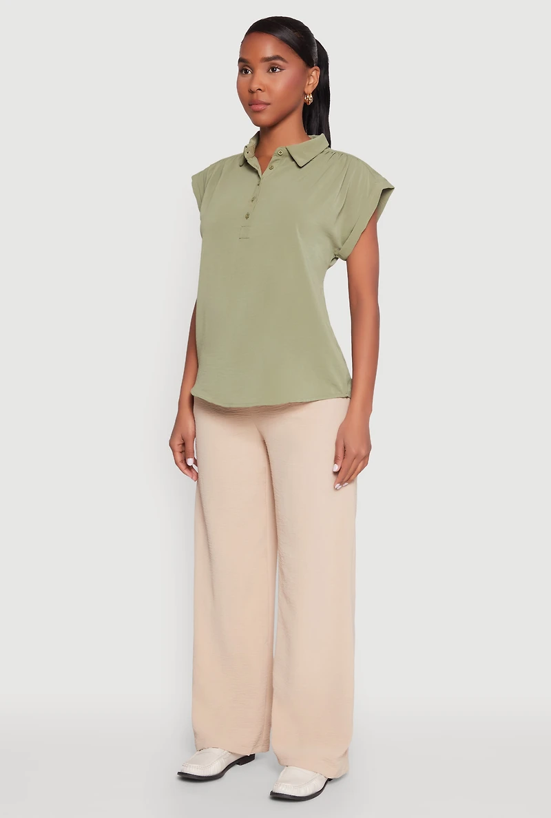 Womens Ruched Cap Sleeve Blouse, Green, Size S