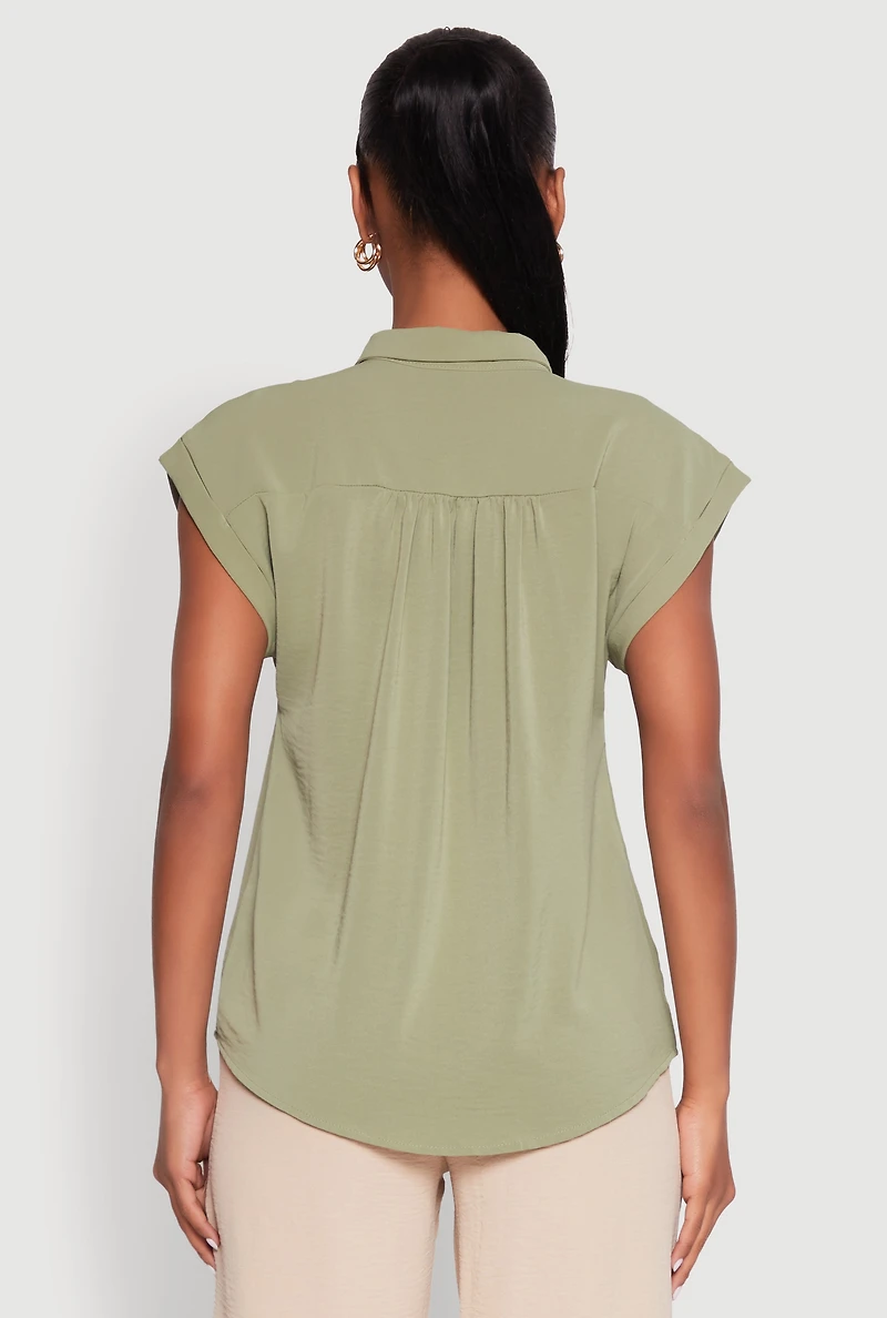 Womens Ruched Cap Sleeve Blouse, Green, Size S
