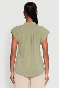 Womens Ruched Cap Sleeve Blouse, Green, Size S