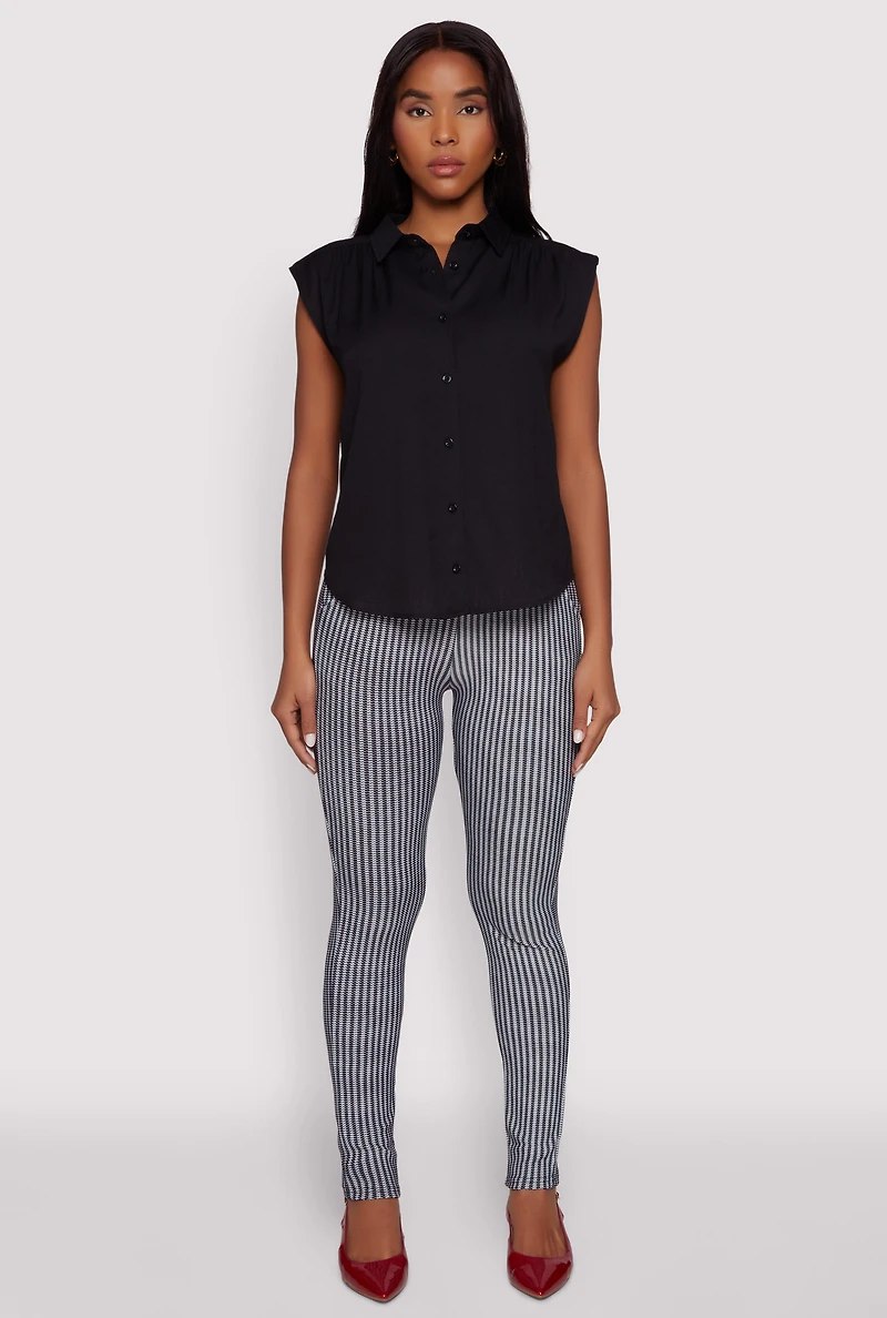 Womens Ruched Sleeve Button Front Shirt,