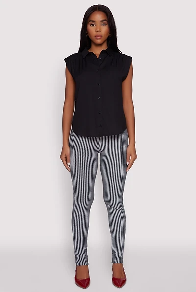Womens Ruched Sleeve Button Front Shirt,
