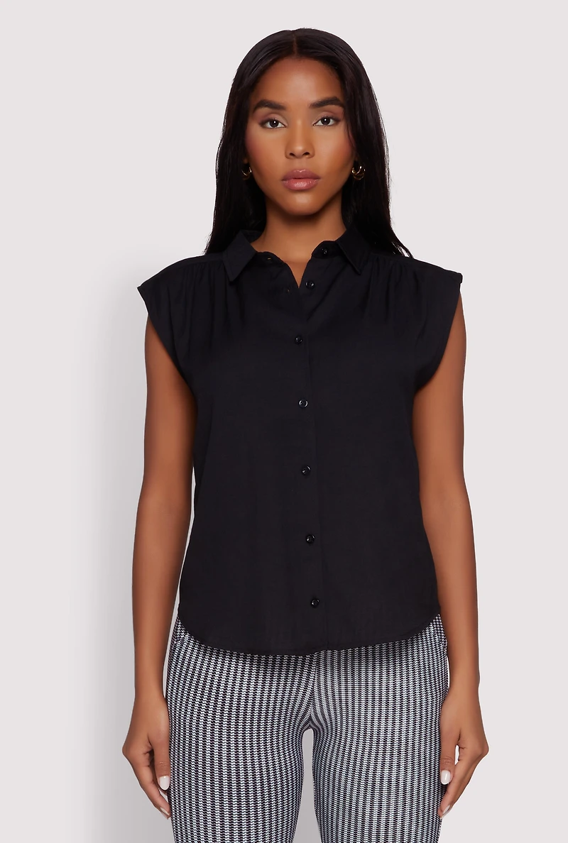 Womens Ruched Sleeve Button Front Shirt,