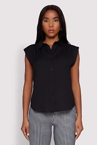 Womens Ruched Sleeve Button Front Shirt,