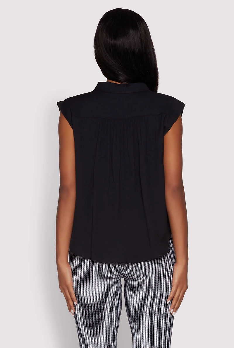 Womens Ruched Sleeve Button Front Shirt,