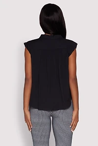 Womens Ruched Sleeve Button Front Shirt,