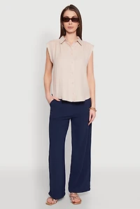 Womens Ruched Sleeve Button Front Shirt,