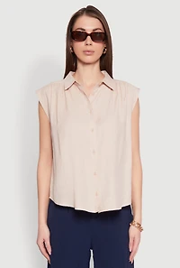 Womens Ruched Sleeve Button Front Shirt,