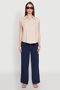 Womens Ruched Sleeve Button Front Shirt, S