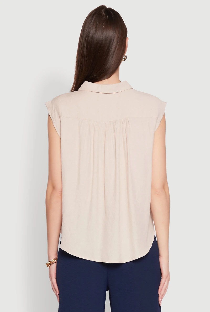 Womens Ruched Sleeve Button Front Shirt, S