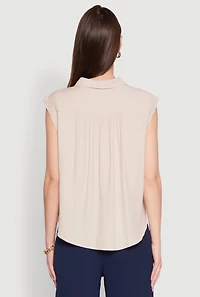 Womens Ruched Sleeve Button Front Shirt, S