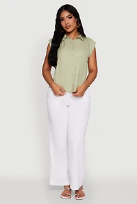 Womens Ruched Sleeve Button Front Shirt, Green, Size S