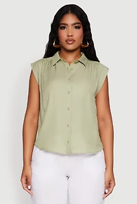 Womens Ruched Sleeve Button Front Shirt, Green, Size S