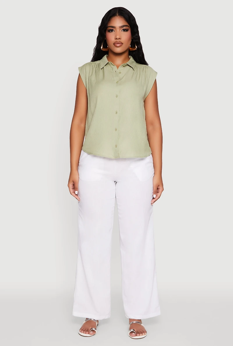 Womens Ruched Sleeve Button Front Shirt, Green, Size S