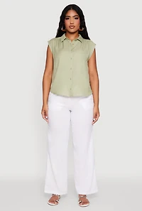 Womens Ruched Sleeve Button Front Shirt, Green, Size S