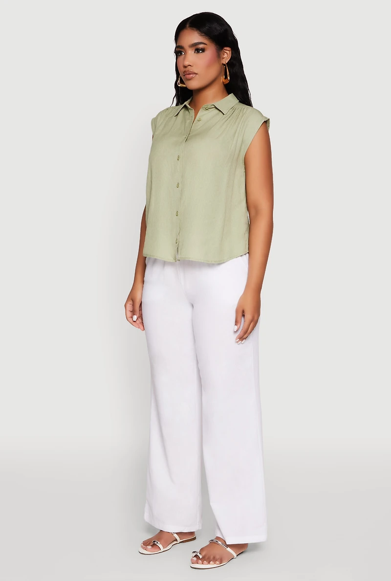 Womens Ruched Sleeve Button Front Shirt,