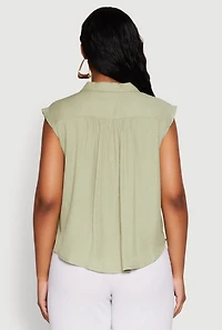 Womens Ruched Sleeve Button Front Shirt,