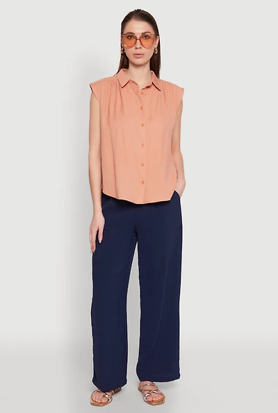 Womens Ruched Sleeve Button Front Shirt, L