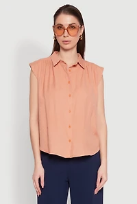 Womens Ruched Sleeve Button Front Shirt, L