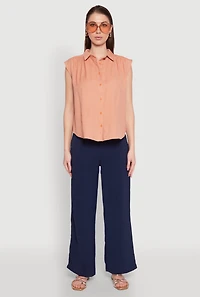 Womens Ruched Sleeve Button Front Shirt, L