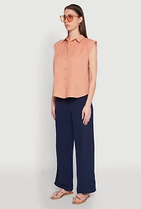 Womens Ruched Sleeve Button Front Shirt, L