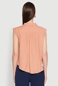 Womens Ruched Sleeve Button Front Shirt, L