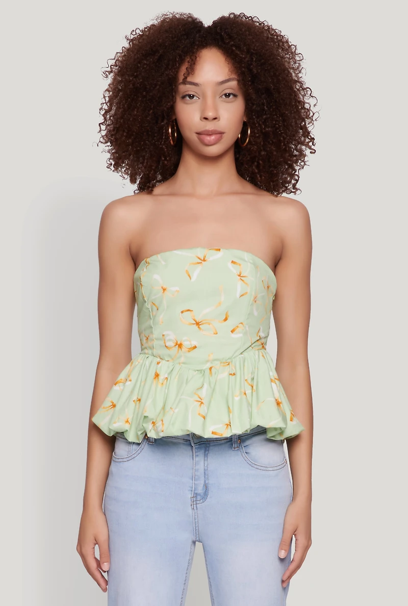 Womens Bow Print Bubble Hem Blouse, Green, Size S