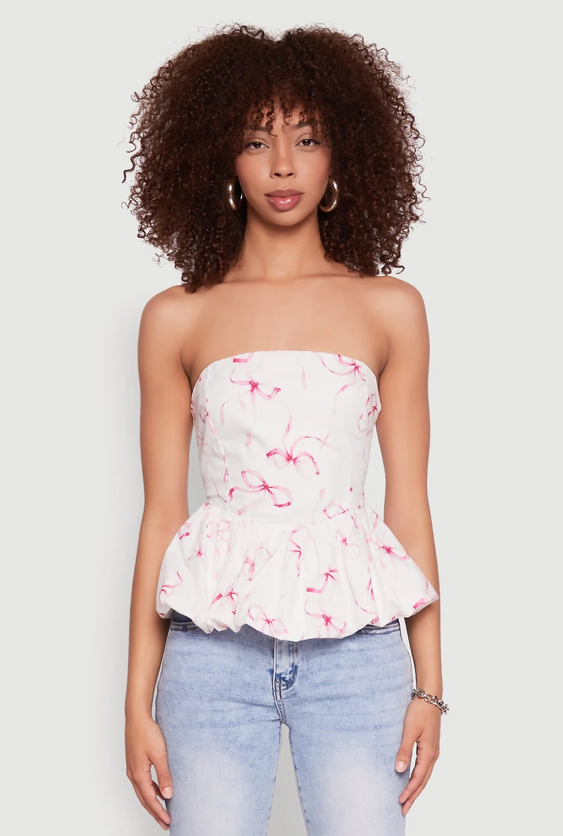 Womens Bow Print Bubble Hem Blouse, L