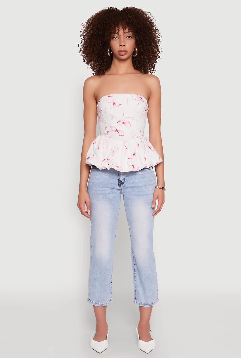 Womens Bow Print Bubble Hem Blouse, L