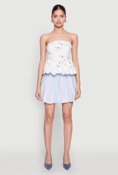 Womens Bow Print Bubble Hem Blouse, White, Size S