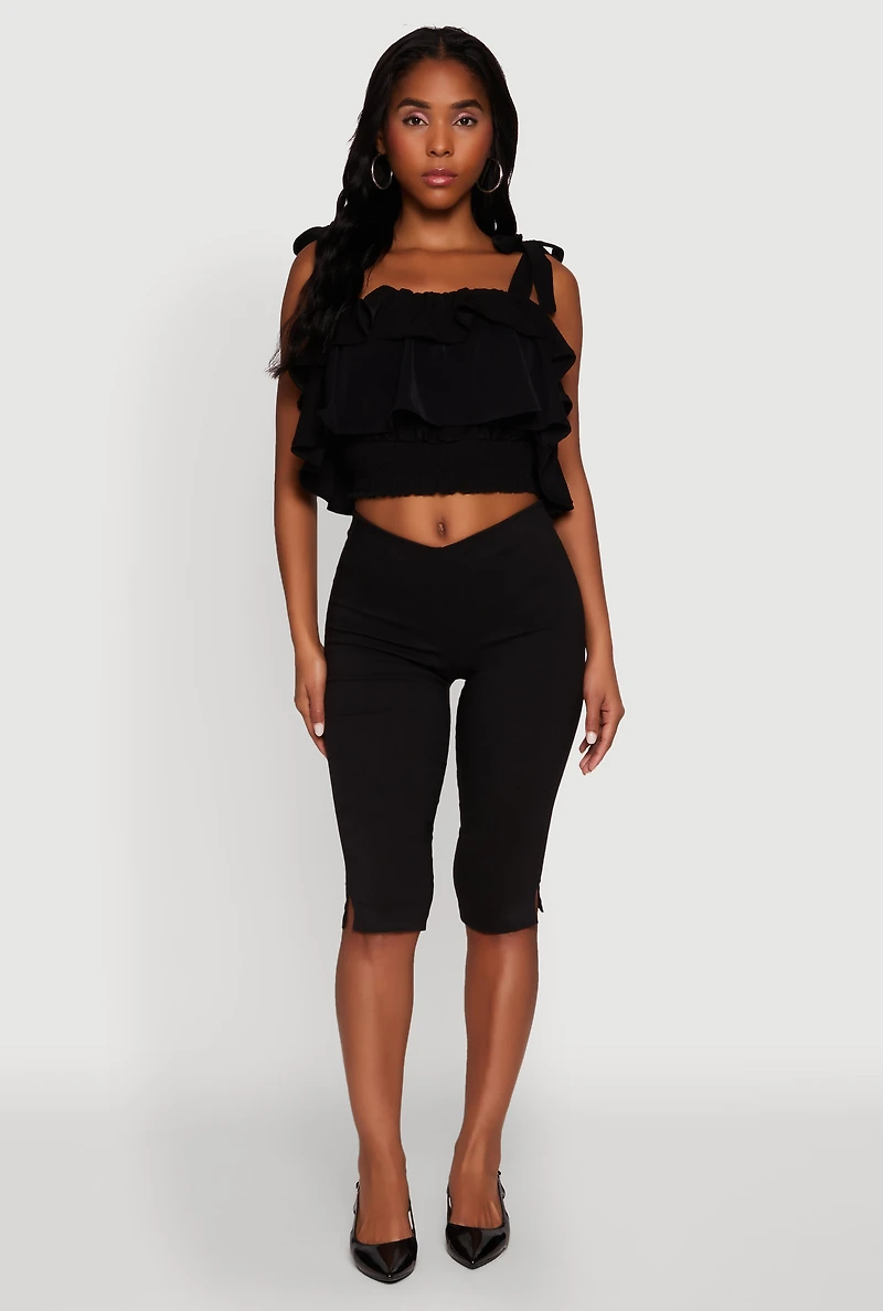 Womens Crepe Knit Sleeveless Square Neck Tie Strap Blouse with Ruffles, Black, Size S