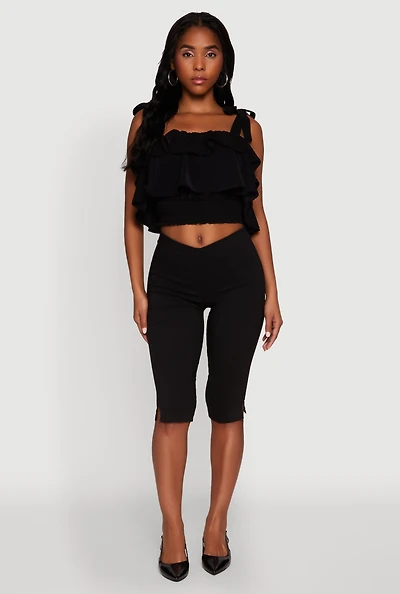 Womens Crepe Knit Sleeveless Square Neck Tie Strap Blouse with Ruffles, Black, Size S
