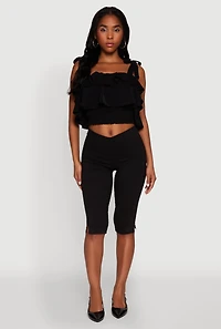Womens Crepe Knit Sleeveless Square Neck Tie Strap Blouse with Ruffles, Black, Size S