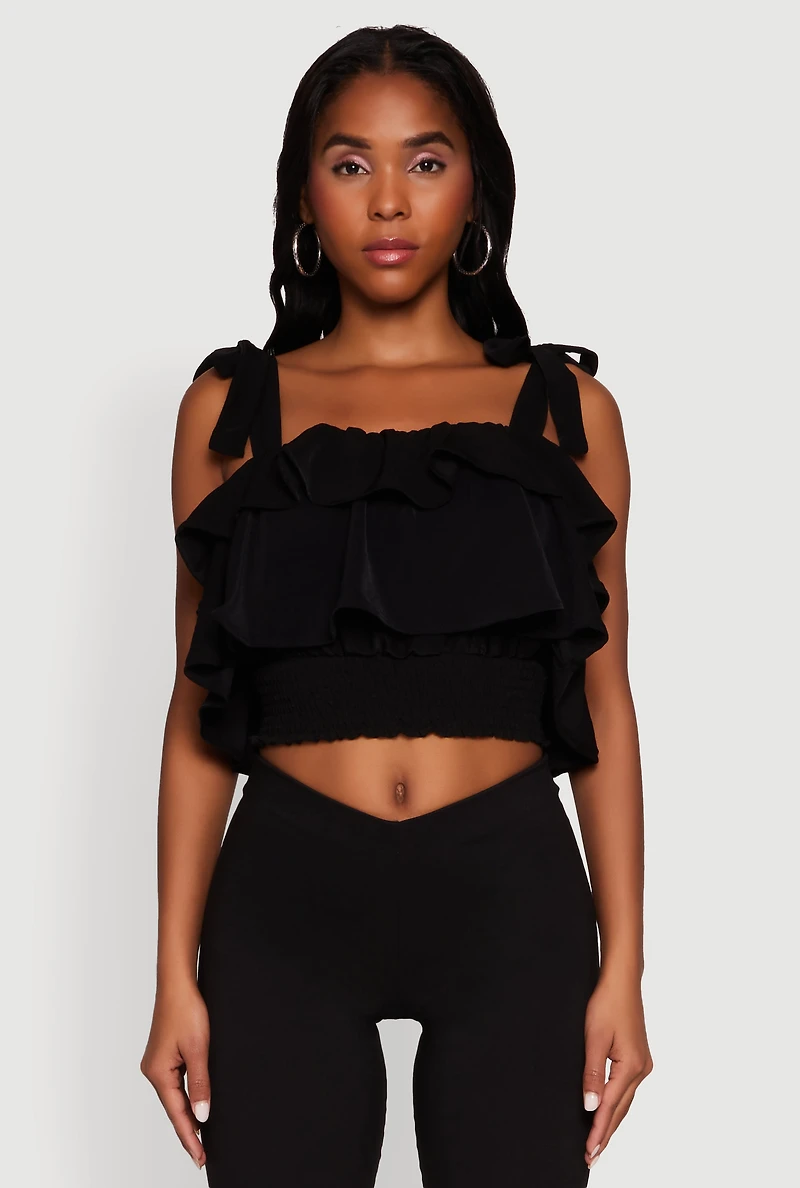 Womens Crepe Knit Sleeveless Square Neck Tie Strap Blouse with Ruffles, Black, Size S