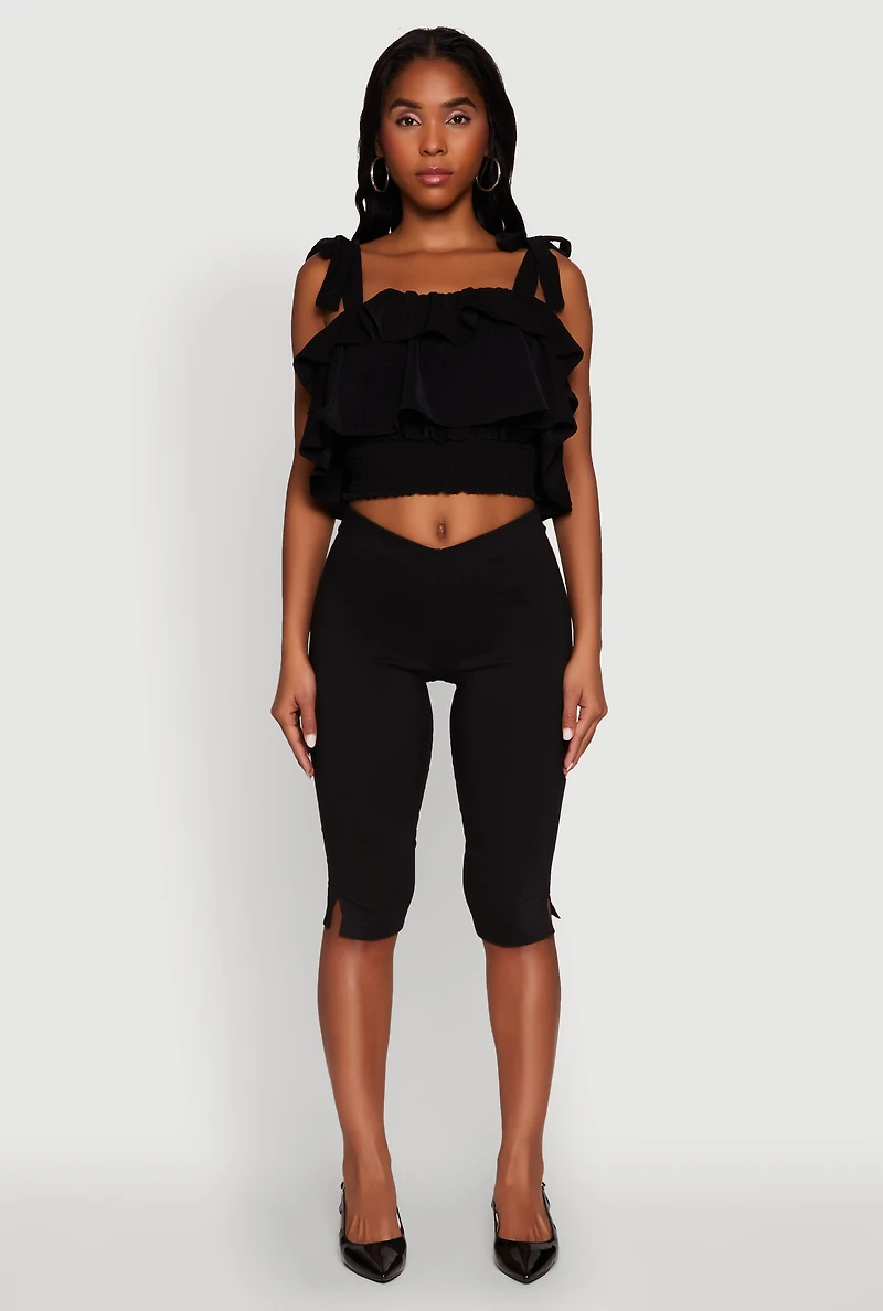 Womens Crepe Knit Sleeveless Square Neck Tie Strap Blouse with Ruffles, Black, Size S