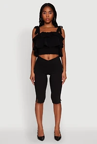 Womens Crepe Knit Sleeveless Square Neck Tie Strap Blouse with Ruffles, Black, Size L