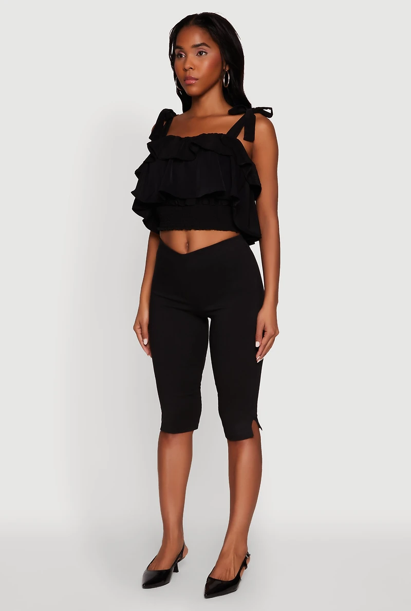 Womens Crepe Knit Sleeveless Square Neck Tie Strap Blouse with Ruffles, Black, Size S