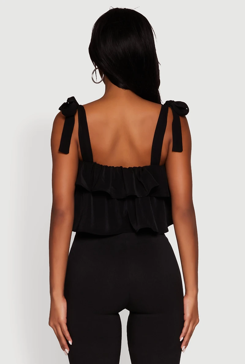 Womens Crepe Knit Sleeveless Square Neck Tie Strap Blouse with Ruffles, Black, Size S