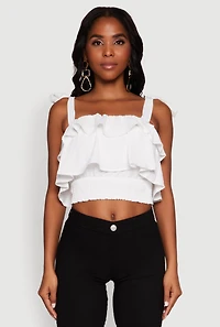 Womens Crepe Knit Sleeveless Square Neck Tie Strap Blouse with Ruffles,