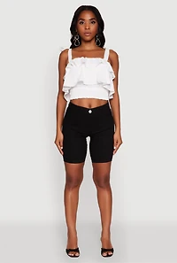 Womens Crepe Knit Sleeveless Square Neck Tie Strap Blouse with Ruffles, White, Size L