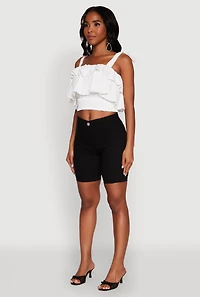 Womens Crepe Knit Sleeveless Square Neck Tie Strap Blouse with Ruffles, White, Size L