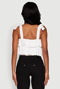 Womens Crepe Knit Sleeveless Square Neck Tie Strap Blouse with Ruffles, White, Size L