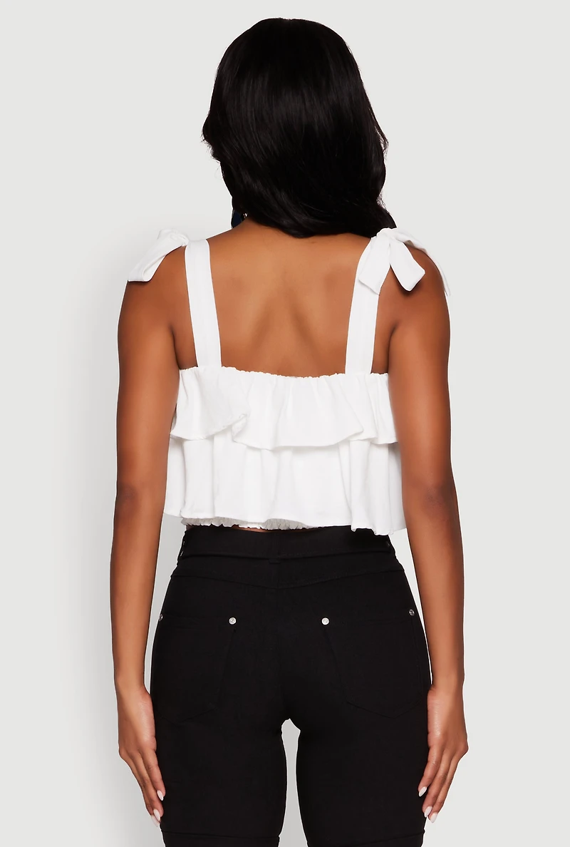 Womens Crepe Knit Sleeveless Square Neck Tie Strap Blouse with Ruffles,