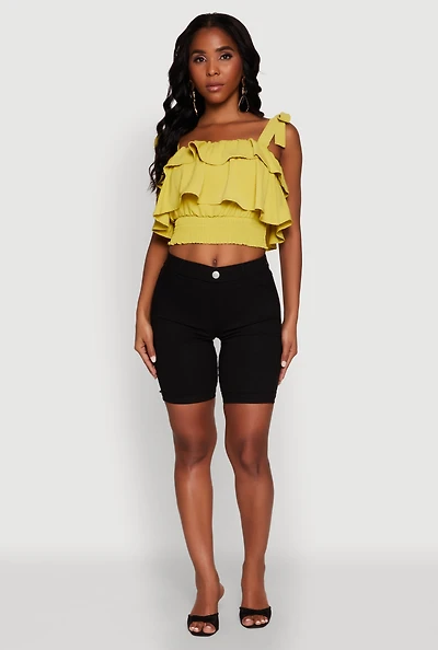 Womens Crepe Knit Sleeveless Square Neck Tie Strap Blouse with Ruffles, Yellow, Size L