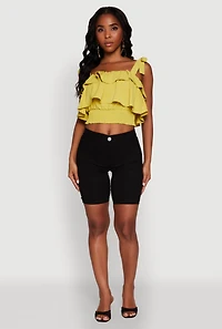 Womens Crepe Knit Sleeveless Square Neck Tie Strap Blouse with Ruffles, Yellow, Size M